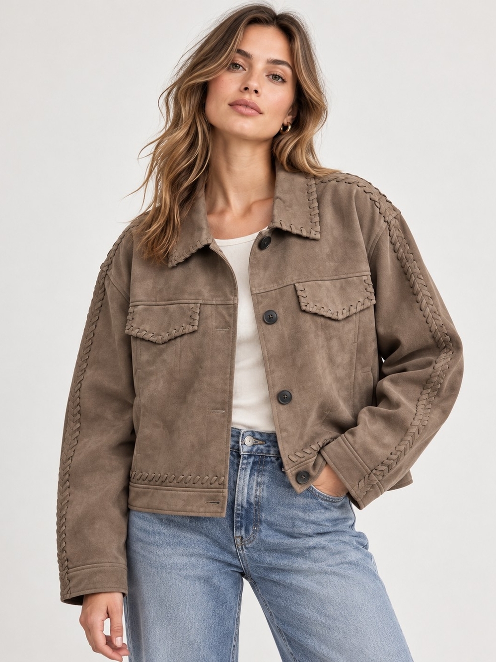 Rebecca Minkoff Faux Suede Whipstitch Trucker Jacket Western Boho Tobacco L NWT